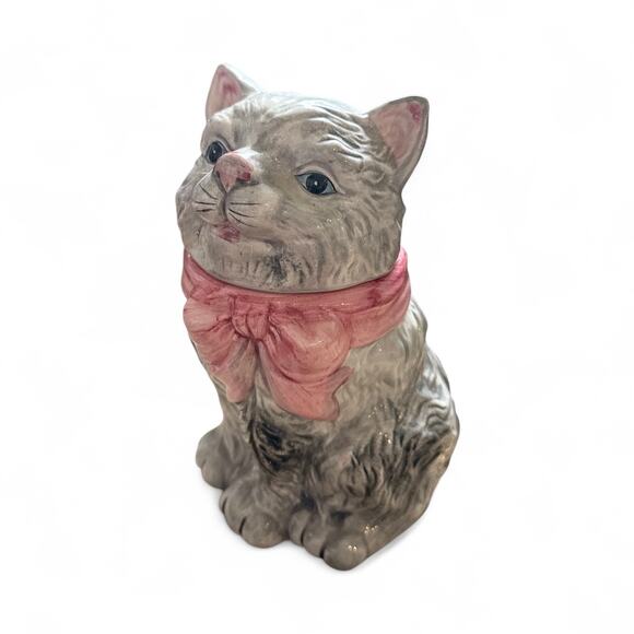 World Bazaars Inc Grey Kitten Cat with Pink Bow Cookie Jar 8" - Picture 3 of 8